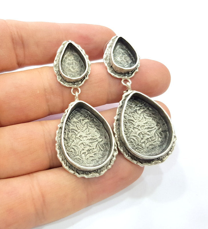 Earring Blank Base Settings Silver Resin Cabochon Base inlay Blank Mountings Antique Silver Plated Brass (25x18+14x10mm blank) 1 pair G15329