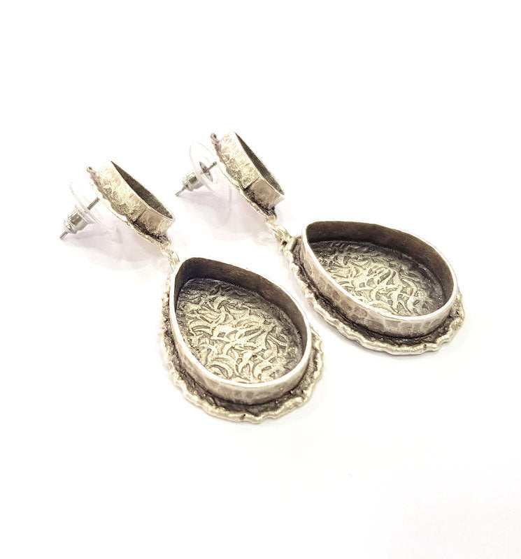 Earring Blank Base Settings Silver Resin Cabochon Base inlay Blank Mountings Antique Silver Plated Brass (25x18+14x10mm blank) 1 pair G15329