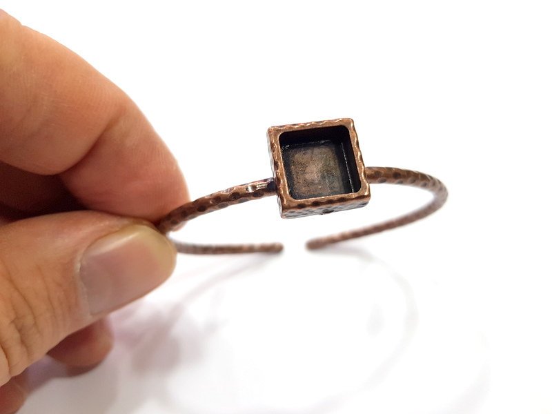 Bracelet Blank Cuff Bezel Resin Bangle inlay Blank Glass Cabochon Base Bezel Hammered Adjustable Antique Copper Bracelet (10x10mm ) G15980