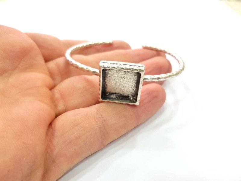 Bracelet Blank Cuff Bezel Resin Bangle inlay Blank Glass Cabochon Base Bezel Hammered Adjustable Antique Silver Bracelet (16mm ) G16021