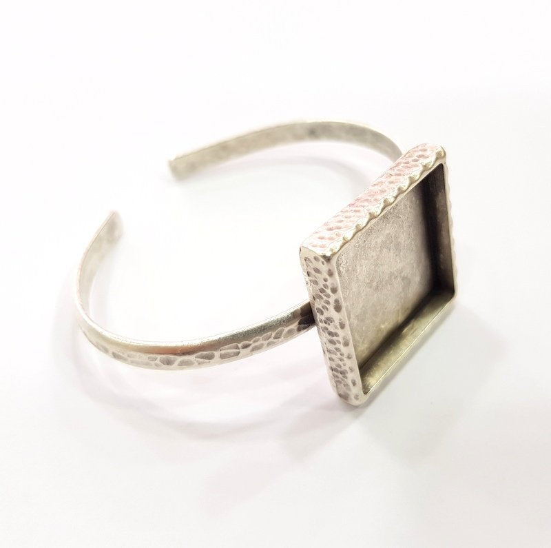 Bracelet Blank Cuff Bezel Resin Bangle inlay Blank Glass Cabochon Base Bezel Hammered Adjustable Antique Silver Bracelet (25x25mm ) G16026