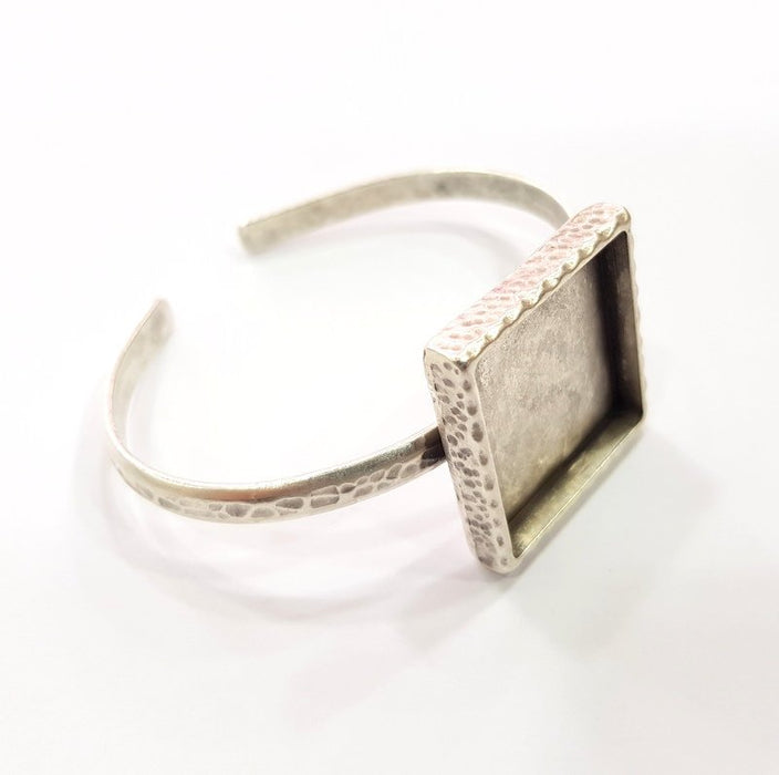 Bracelet Blank Cuff Bezel Resin Bangle inlay Blank Glass Cabochon Base Bezel Hammered Adjustable Antique Silver Bracelet (25x25mm ) G16026