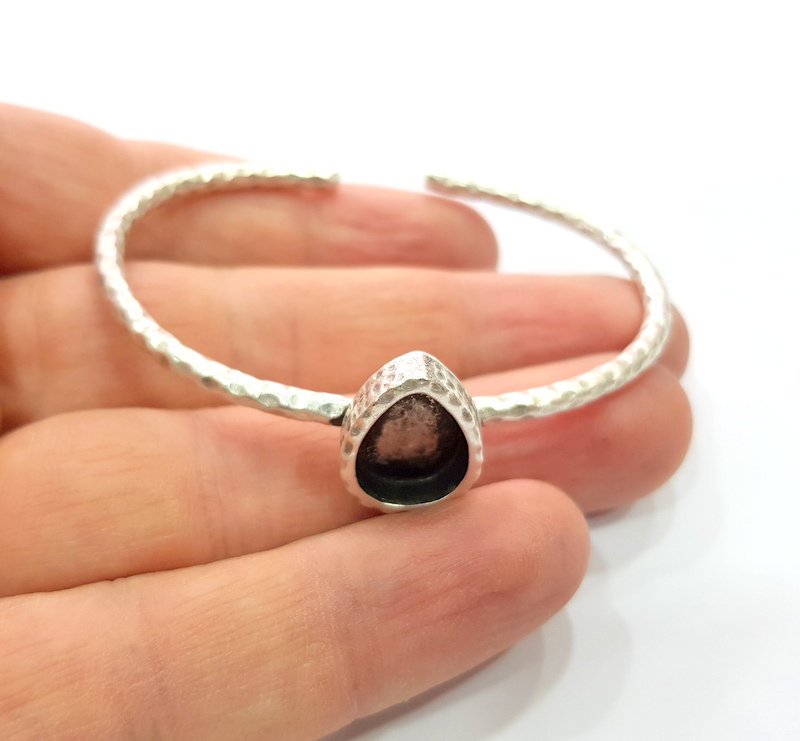 Bracelet Blank Cuff Bezel Resin Bangle inlay Blank Glass Cabochon Base Bezel Hammered Adjustable Antique Silver Bracelet (14x10mm ) G16032