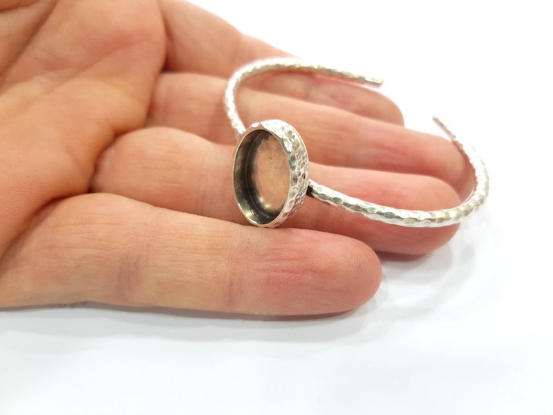 Bracelet Blank Cuff Bezel Resin Bangle inlay Blank Glass Cabochon Base Bezel Hammered Adjustable Antique Silver Bracelet (18x13mm ) G16034