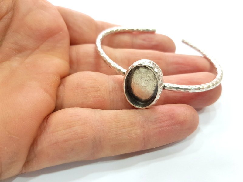 Bracelet Blank Cuff Bezel Resin Bangle inlay Blank Glass Cabochon Base Bezel Hammered Adjustable Antique Silver Bracelet (18x13mm ) G16034