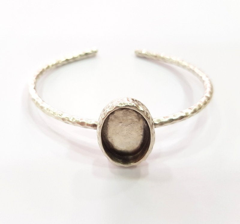 Bracelet Blank Cuff Bezel Resin Bangle inlay Blank Glass Cabochon Base Bezel Hammered Adjustable Antique Silver Bracelet (18x13mm ) G16034