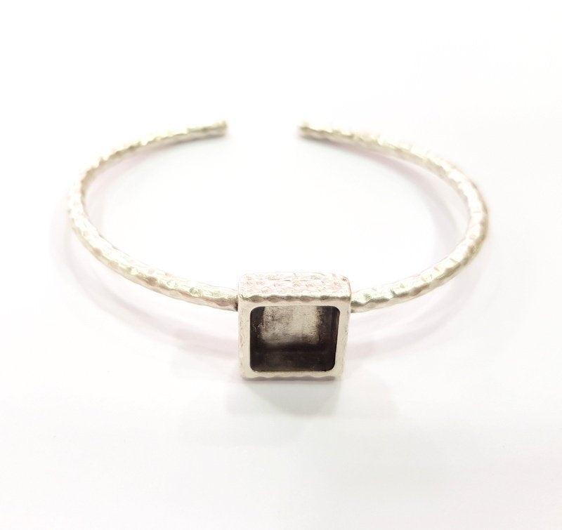 Bracelet Blank Cuff Bezel Resin Bangle inlay Blank Glass Cabochon Base Bezel Hammered Adjustable Antique Silver Bracelet (10x10mm ) G16035