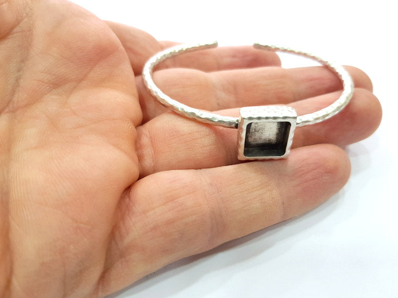 Bracelet Blank Cuff Bezel Resin Bangle inlay Blank Glass Cabochon Base Bezel Hammered Adjustable Antique Silver Bracelet (10x10mm ) G16035
