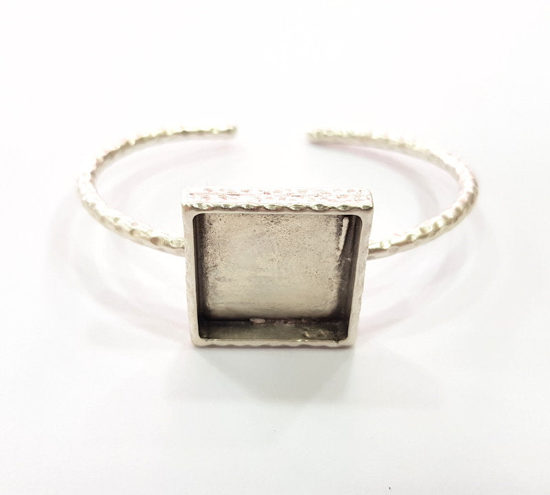 Bracelet Blank Cuff Bezel Resin Bangle inlay Blank Glass Cabochon Base Bezel Hammered Adjustable Antique Silver Bracelet (20x20mm ) G16038