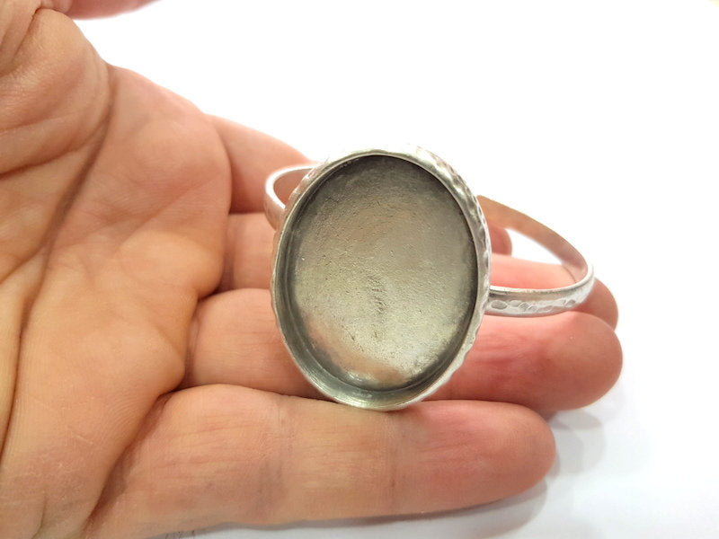 Bracelet Blank Cuff Bezel Resin Bangle inlay Blank Glass Cabochon Base Bezel Hammered Adjustable Antique Silver Bracelet (40x30mm ) G16041
