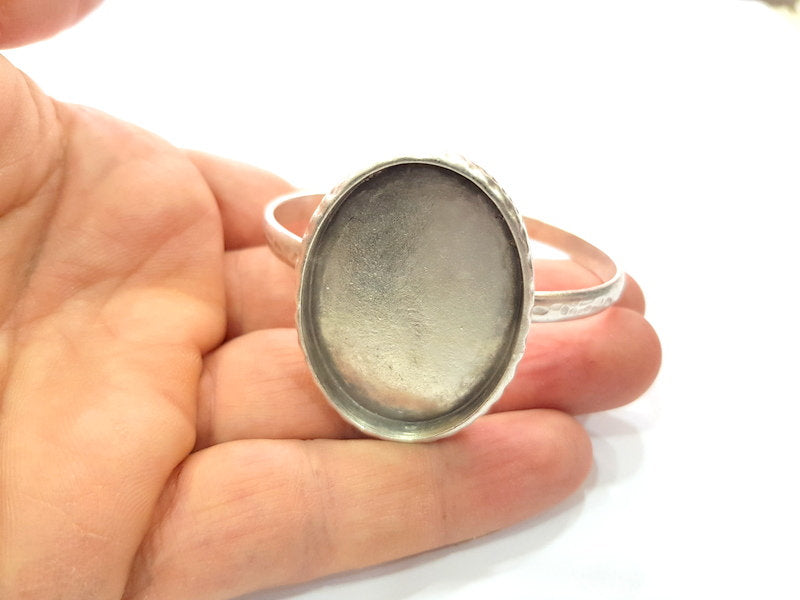 Bracelet Blank Cuff Bezel Resin Bangle inlay Blank Glass Cabochon Base Bezel Hammered Adjustable Antique Silver Bracelet (40x30mm ) G16041