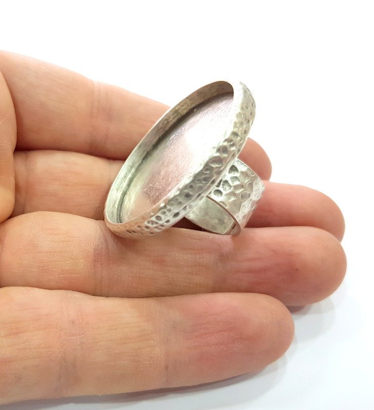 Ring Blank Setting Hammered Ring Base Bezel inlay Ring Backs Glass Cabochon Mounting Adjustable Antique Silver Plated Ring (35mm ) G16044