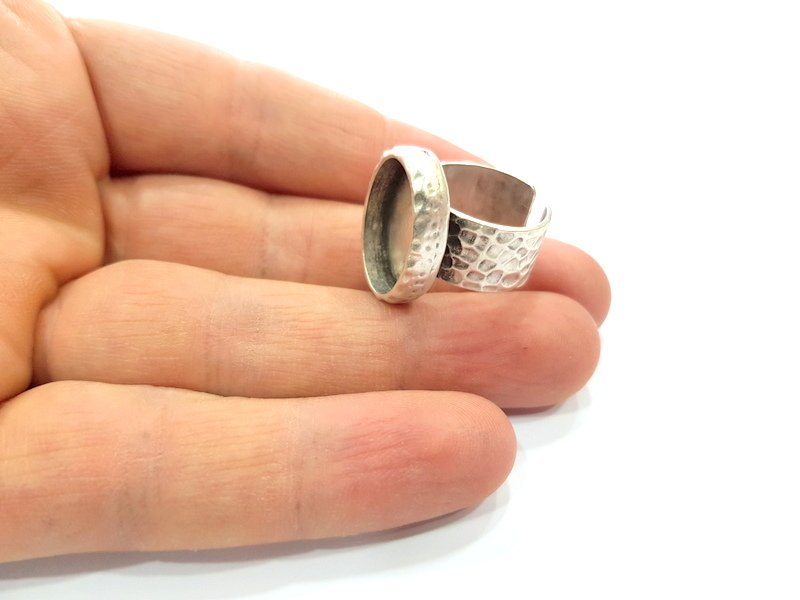 Ring Blank Setting Hammered Ring Base Bezel inlay Ring Backs Glass Cabochon Mounting Adjustable Antique Silver Plated Ring (18x13mm ) G16045