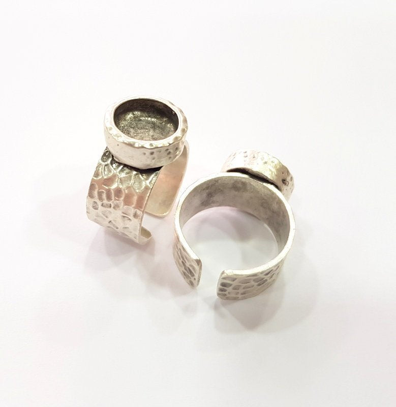 Ring Blank Setting Hammered Ring Base Bezel inlay Ring Backs Glass Cabochon Mounting Adjustable Antique Silver Plated Ring (10mm ) G16046