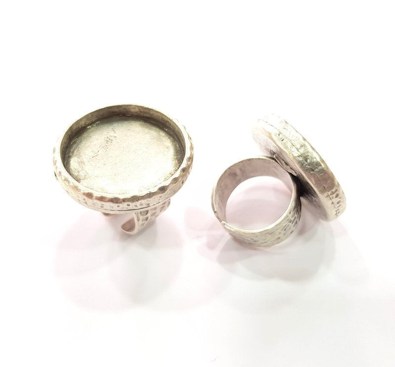 Ring Blank Setting Hammered Ring Base Bezel inlay Ring Backs Glass Cabochon Mounting Adjustable Antique Silver Plated Ring (25mm ) G16745