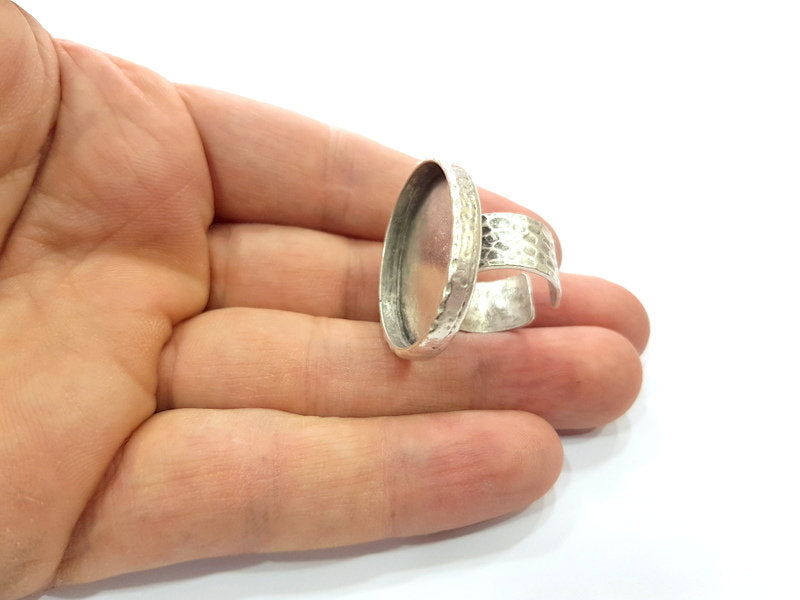 Ring Blank Setting Hammered Ring Base Bezel inlay Ring Backs Glass Cabochon Mounting Adjustable Antique Silver Plated Ring (30x22mm ) G16050