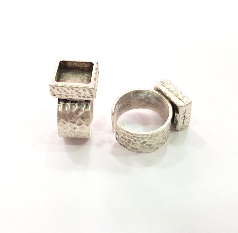 Ring Blank Setting Hammered Ring Base Bezel inlay Ring Backs Glass Cabochon Mounting Adjustable Antique Silver Plated Ring (10x10mm ) G16055