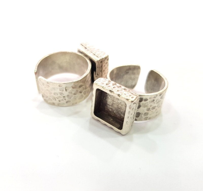 Ring Blank Setting Hammered Ring Base Bezel inlay Ring Backs Glass Cabochon Mounting Adjustable Antique Silver Plated Ring (10x10mm ) G16055