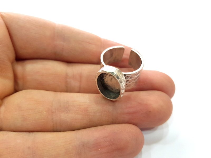 Ring Blank Setting Hammered Ring Base Bezel inlay Ring Backs Glass Cabochon Mounting Adjustable Antique Silver Plated Ring (14x10mm ) G16057