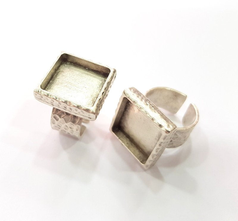 Ring Blank Setting Hammered Ring Base Bezel inlay Ring Backs Glass Cabochon Mounting Adjustable Antique Silver Plated Ring (16x16mm ) G16062