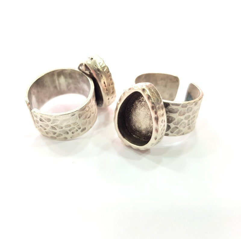 Ring Blank Setting Hammered Ring Base Bezel inlay Ring Backs Glass Cabochon Mounting Adjustable Antique Silver Plated Ring (14x10mm ) G16063