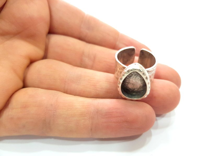 Ring Blank Setting Hammered Ring Base Bezel inlay Ring Backs Glass Cabochon Mounting Adjustable Antique Silver Plated Ring (14x10mm ) G16063