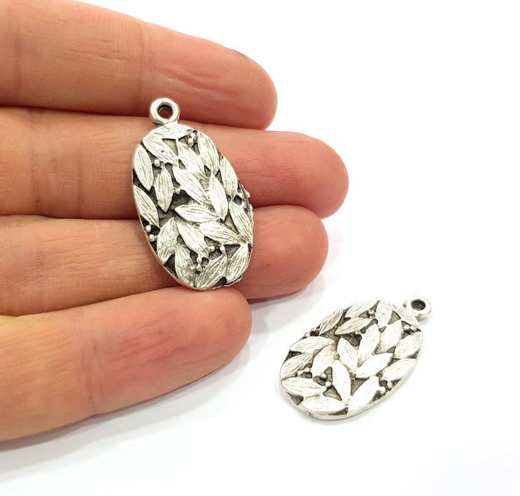 2 Leaf Charms Antique Silver Plated Metal Charms (32x17mm)  G16073