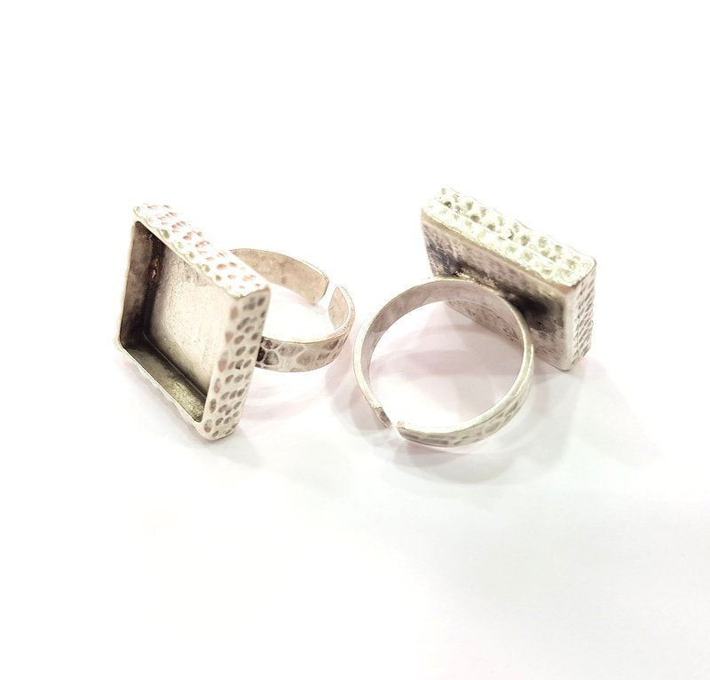 Ring Blank Setting Hammered Ring Base Bezel inlay Ring Backs Glass Cabochon Mounting Adjustable Antique Silver Plated Ring (16x16mm ) G16080