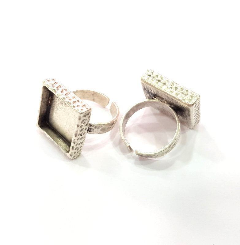 Ring Blank Setting Hammered Ring Base Bezel inlay Ring Backs Glass Cabochon Mounting Adjustable Antique Silver Plated Ring (16x16mm ) G16080