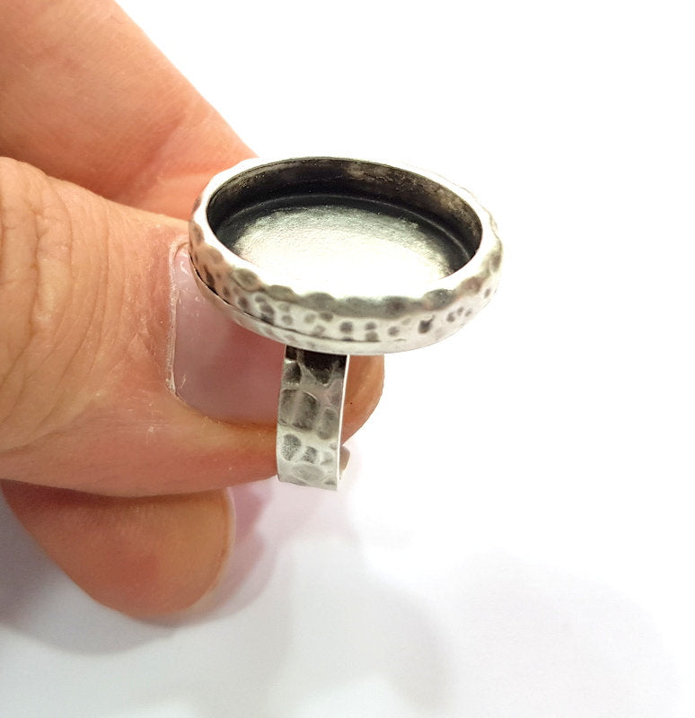 Ring Blank Setting Hammered Ring Base Bezel inlay Ring Backs Glass Cabochon Mounting Adjustable Antique Silver Plated Ring (18x13mm ) G16083