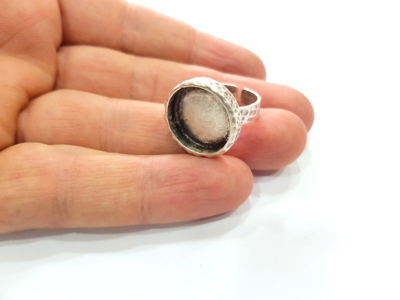 Ring Blank Setting Hammered Ring Base Bezel inlay Ring Backs Glass Cabochon Mounting Adjustable Antique Silver Plated Ring (18mm ) G16085