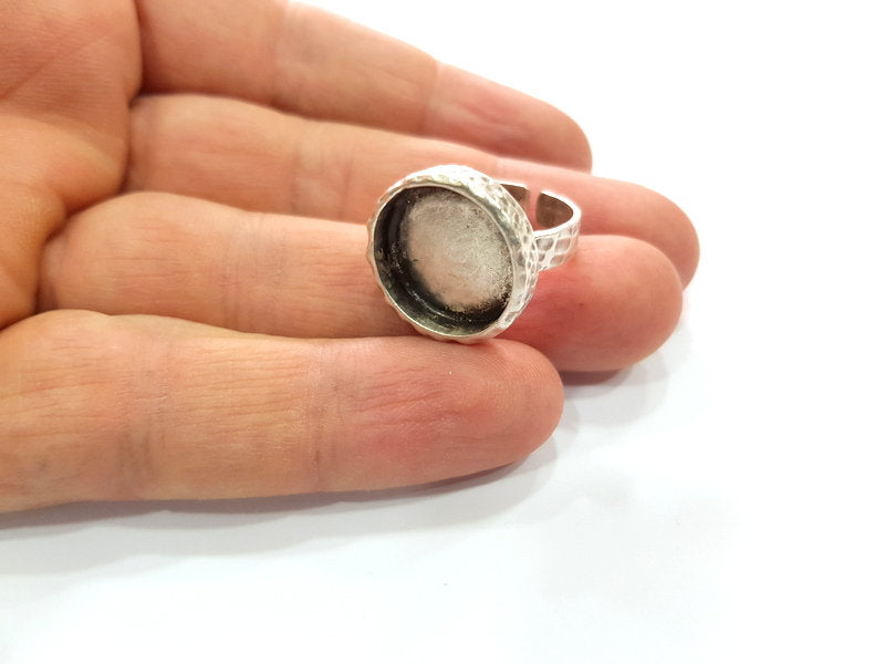 Ring Blank Setting Hammered Ring Base Bezel inlay Ring Backs Glass Cabochon Mounting Adjustable Antique Silver Plated Ring (18mm ) G16085