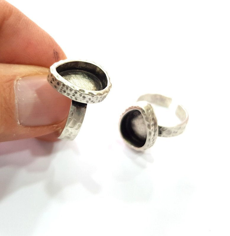 Ring Blank Setting Hammered Ring Base Bezel inlay Ring Backs Glass Cabochon Mounting Adjustable Antique Silver Plated Ring (14x10mm ) G16075