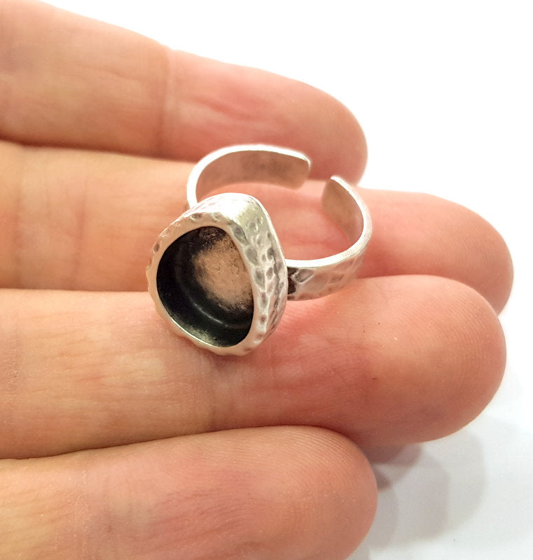 Ring Blank Setting Hammered Ring Base Bezel inlay Ring Backs Glass Cabochon Mounting Adjustable Antique Silver Plated Ring (14x10mm ) G16075