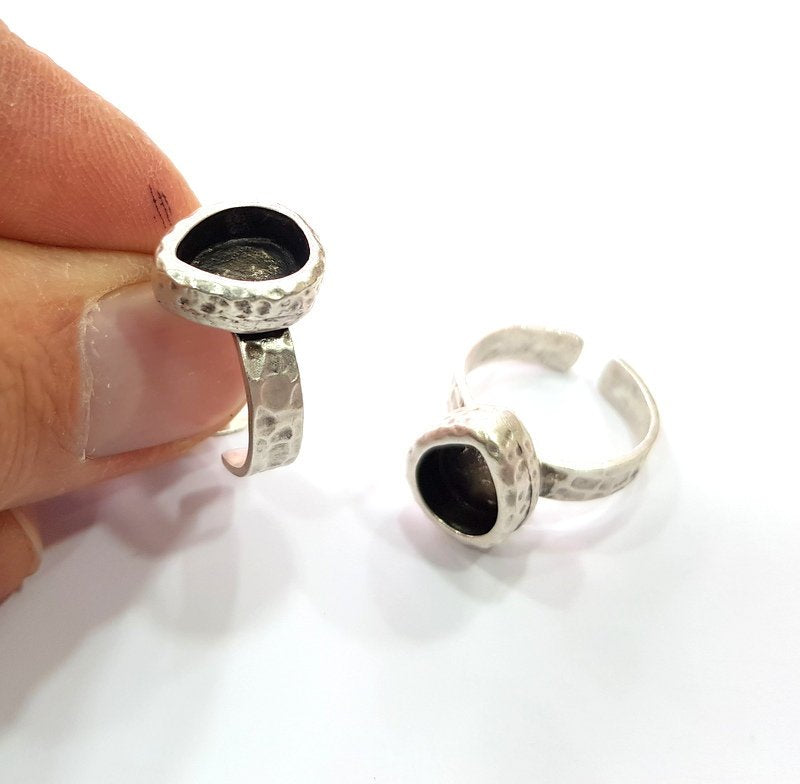 Ring Blank Setting Hammered Ring Base Bezel inlay Ring Backs Glass Cabochon Mounting Adjustable Antique Silver Plated Ring (10x8mm ) G16088