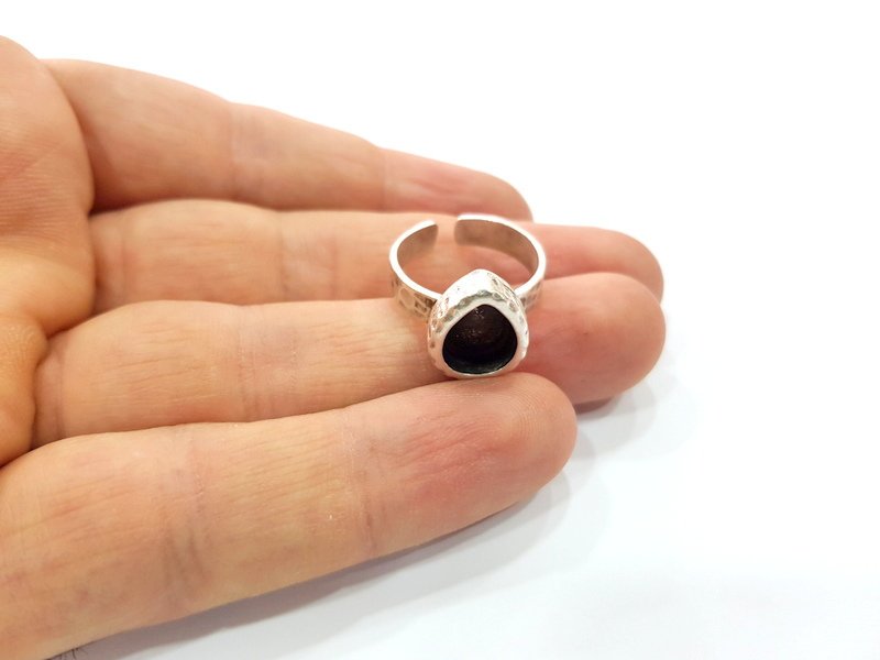 Ring Blank Setting Hammered Ring Base Bezel inlay Ring Backs Glass Cabochon Mounting Adjustable Antique Silver Plated Ring (10x8mm ) G16088