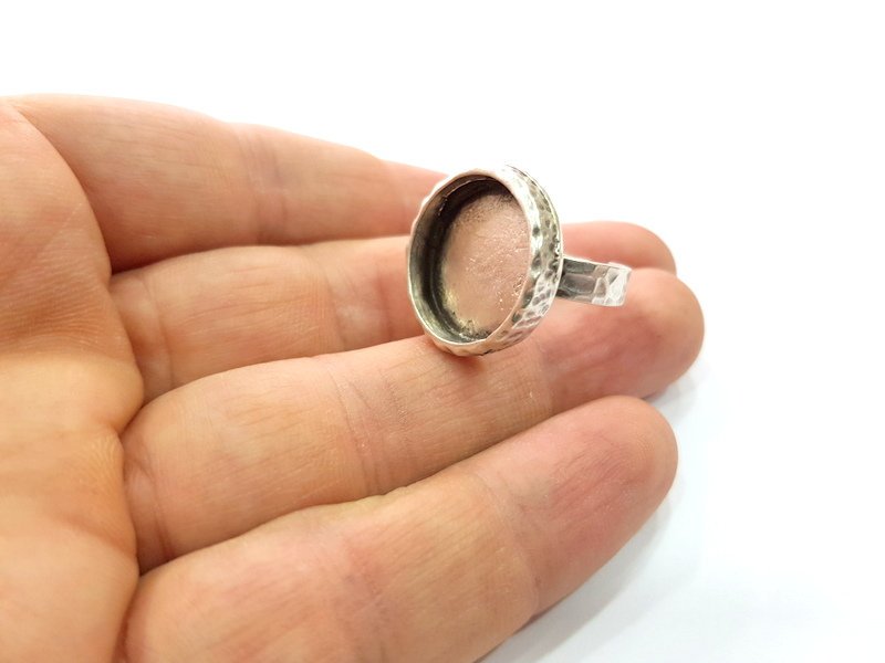 Ring Blank Setting Hammered Ring Base Bezel inlay Ring Backs Glass Cabochon Mounting Adjustable Antique Silver Plated Ring (16mm ) G16094