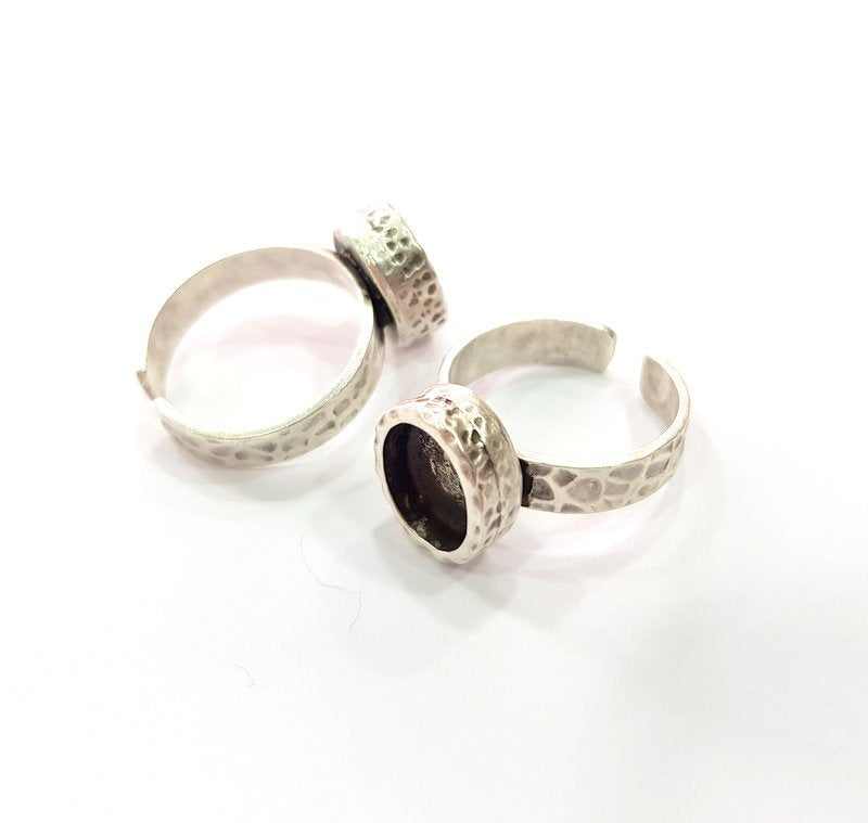 Ring Blank Setting Hammered Ring Base Bezel inlay Ring Backs Glass Cabochon Mounting Adjustable Antique Silver Plated Ring (10x8mm ) G16096