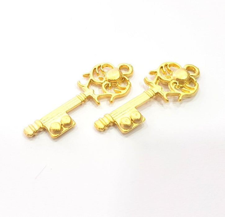 2 Key Charm Gold Charms Gold Plated Metal (46x17mm)  G15367