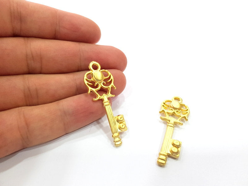 2 Key Charm Gold Charms Gold Plated Metal (46x17mm)  G15367