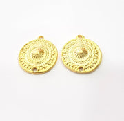 2 Patterned Round Charm Gold Charms Gold Plated Metal (20mm)  G15371