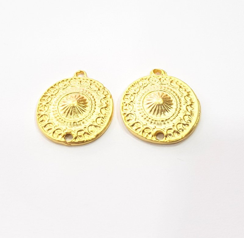 2 Patterned Round Charm Gold Charms Gold Plated Metal (20mm)  G15371