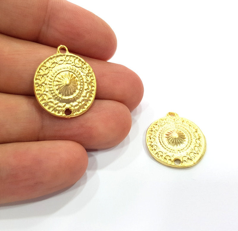 2 Patterned Round Charm Gold Charms Gold Plated Metal (20mm)  G15371