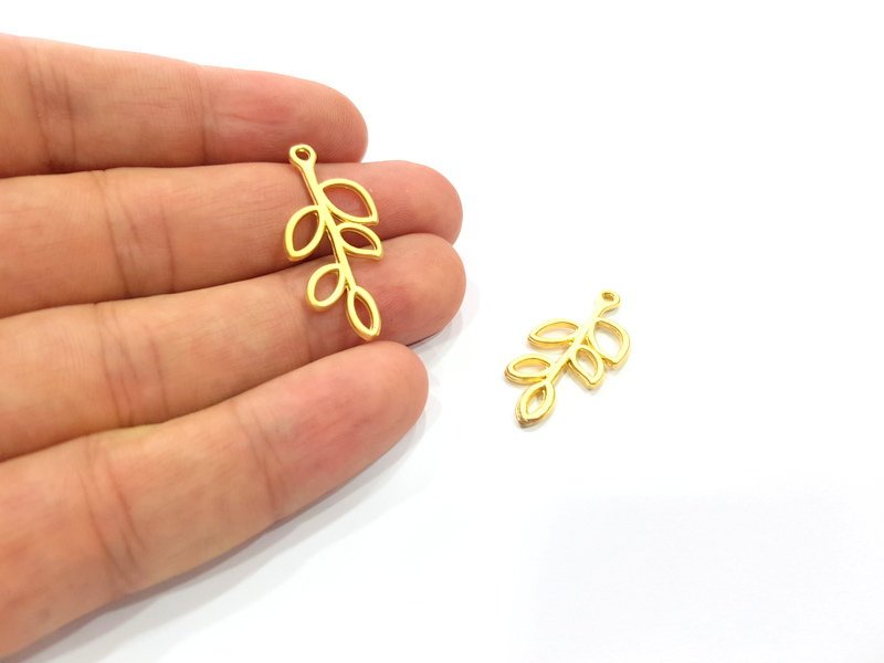 4 Leafy Branch Charm Gold Charms Gold Plated Metal (32x15mm)  G15374