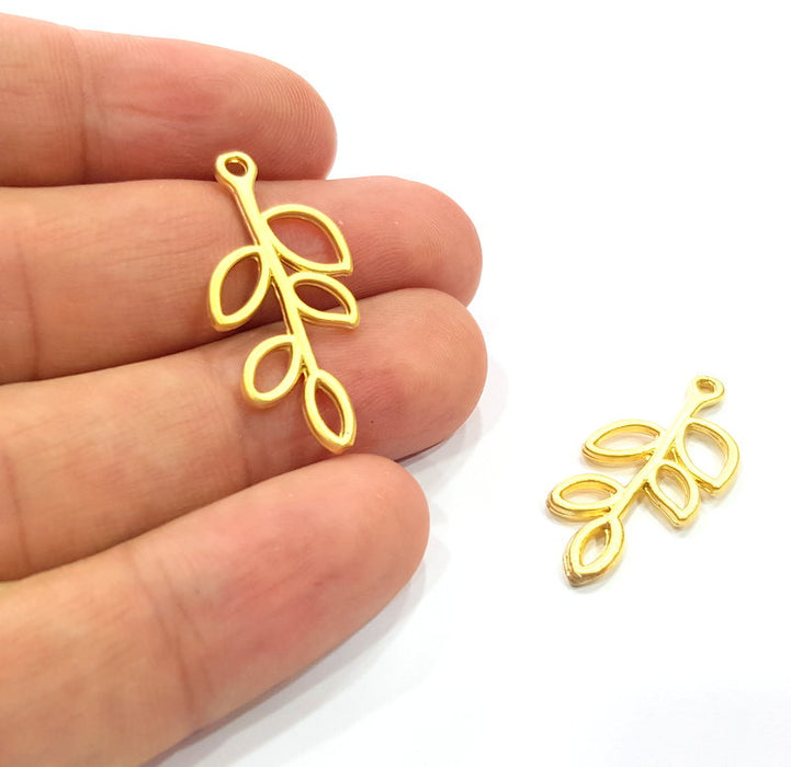 4 Leafy Branch Charm Gold Charms Gold Plated Metal (32x15mm)  G15374