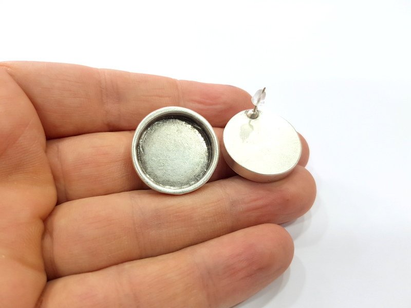 Earring Blank Base Backs Silver Resin Blank Cabochon Base inlay Blank Mountings Antique Silver Plated Metal (20mm blank) 1 Pair G16105