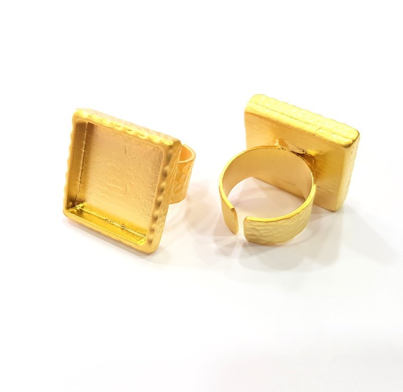 Gold Ring Blank Setting Cabochon Base inlay Ring Hammered Mounting Adjustable Ring Bezel (20x20mm blank ) Gold Plated Metal G16123