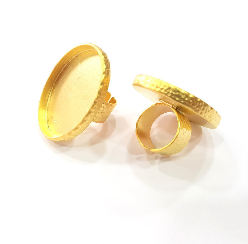Gold Ring Blank Setting Cabochon Base inlay Ring Hammered Mounting Adjustable Ring Bezel (40x30mm blank ) Gold Plated Metal G16128