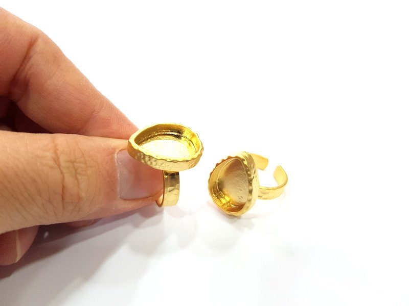 Gold Ring Blank Setting Cabochon Base inlay Ring Hammered Mounting Adjustable Ring Bezel (18x13mm blank ) Gold Plated Metal G16133