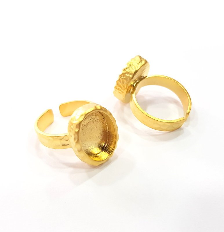 Gold Ring Blank Setting Cabochon Base inlay Ring Hammered Mounting Adjustable Ring Bezel (14x10mm blank ) Gold Plated Metal G16136